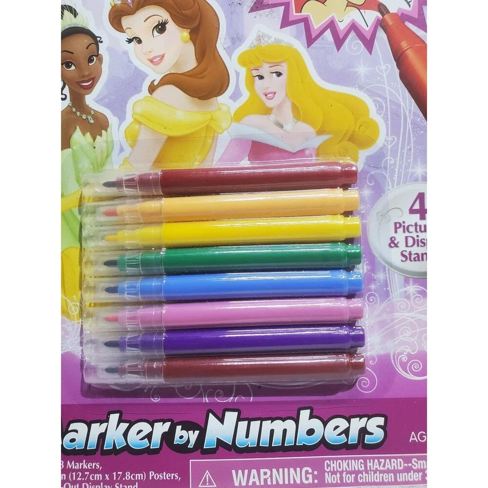 2011 Disney Princess Marker By Numbers Set 4 Pictures Display Stand & 8 Markers